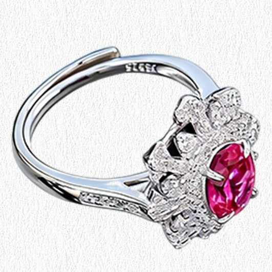 S925 Sterling Silver Lab Ruby Snowflake Open Ring - Photo 5