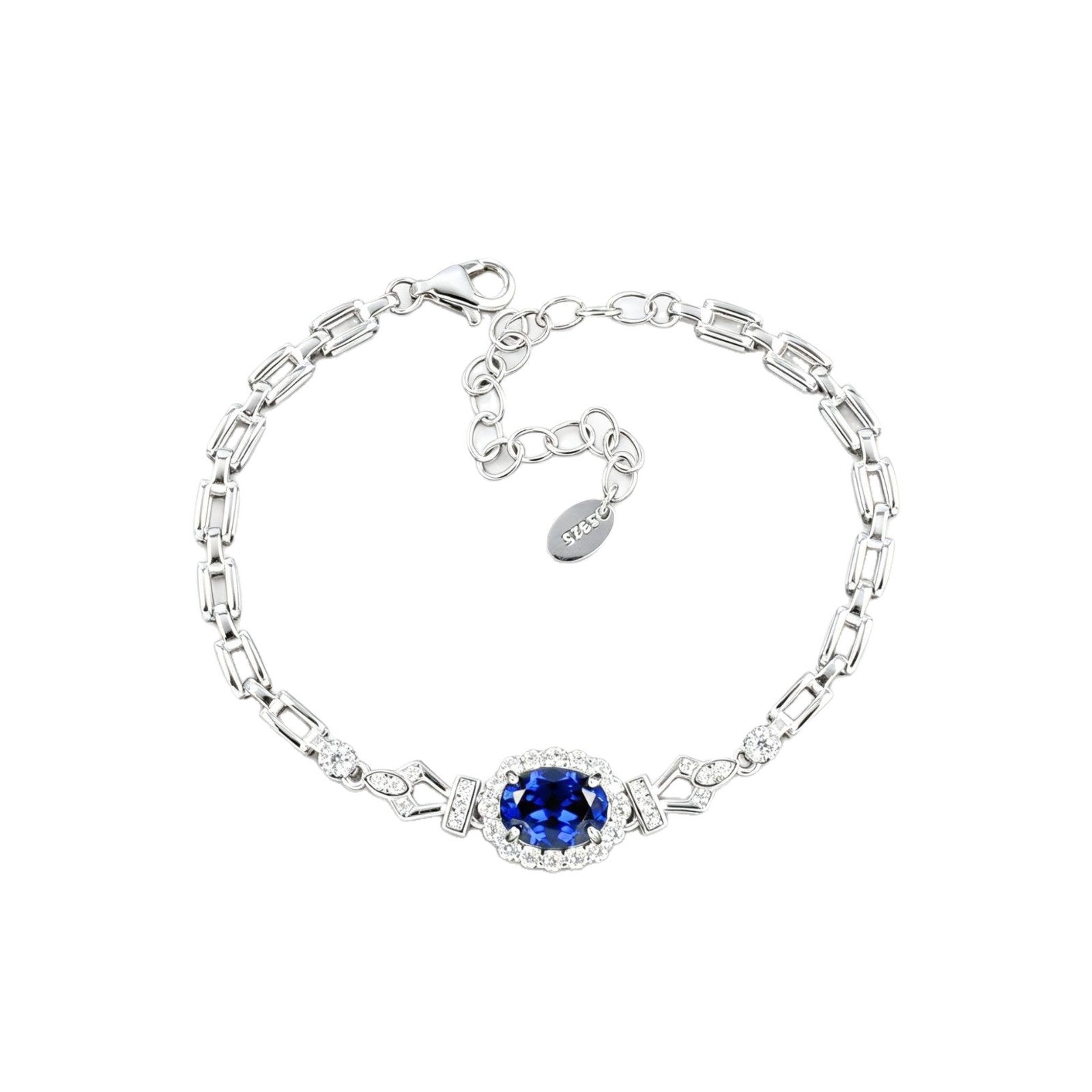 S925 Silver Oval Lab Sapphire Bracelet, Full Diamond Halo - Photo 5
