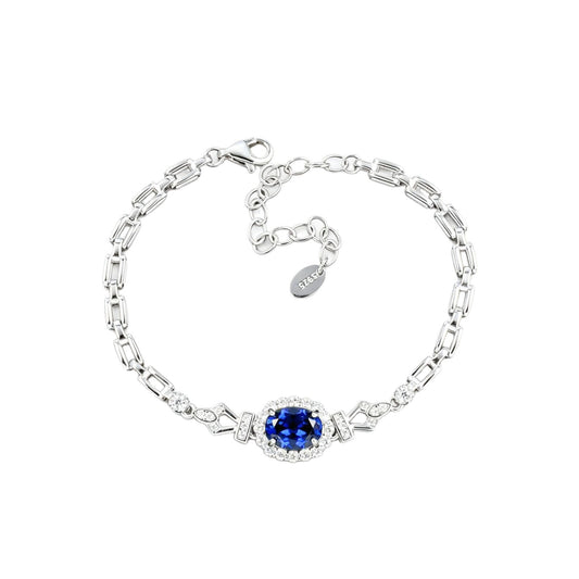 S925 Silver Oval Lab Sapphire Bracelet, Full Diamond Halo - Photo 5