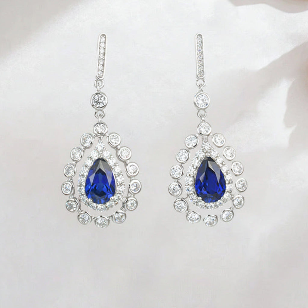 925 Sterling Silver Lab Sapphire Teardrop Pave Long Drop Earrings - Photo 1