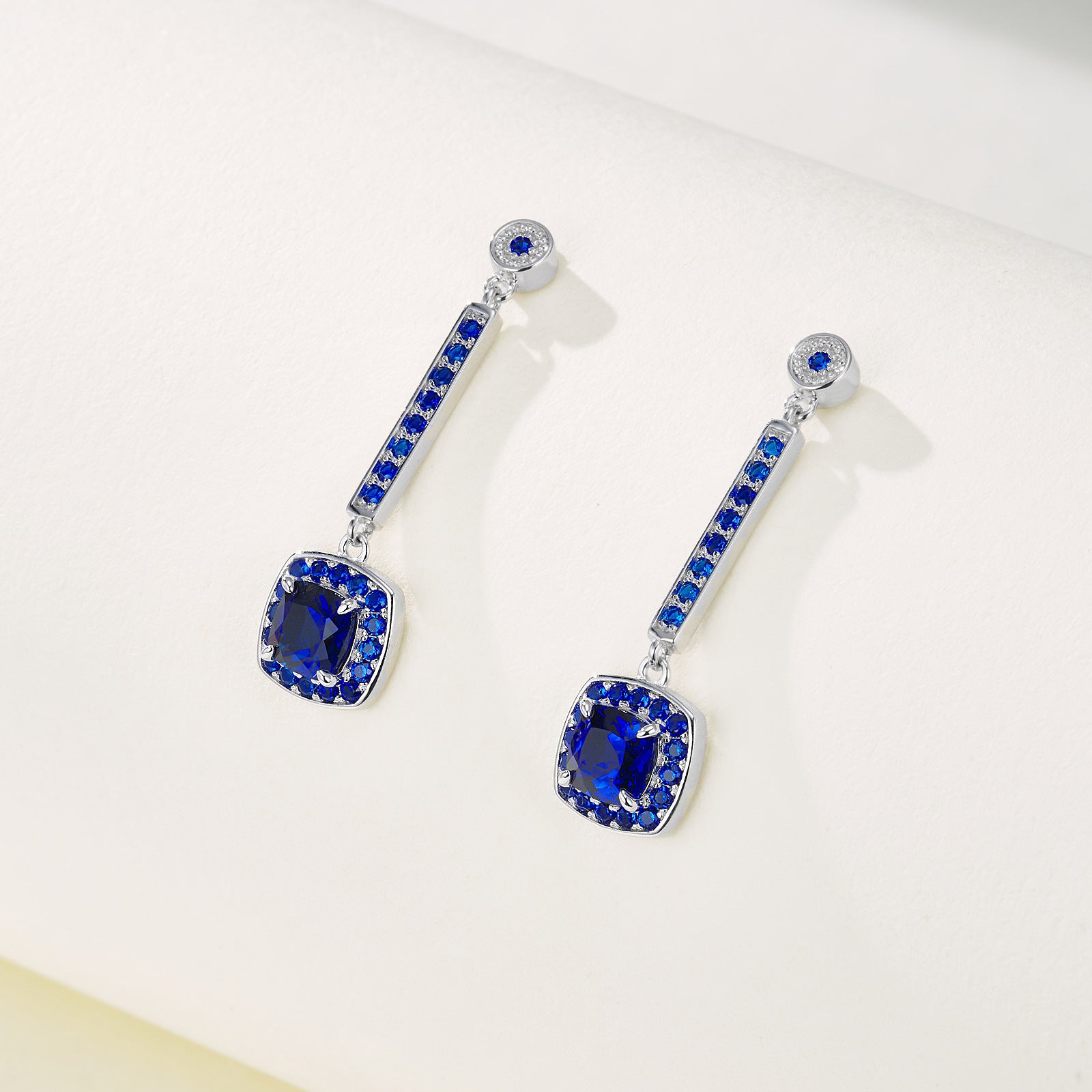 S925 Sterling Silver coloured Gemstone Sugarloaf Long Drop Earrings, Cushion Pave Premium - Photo 3