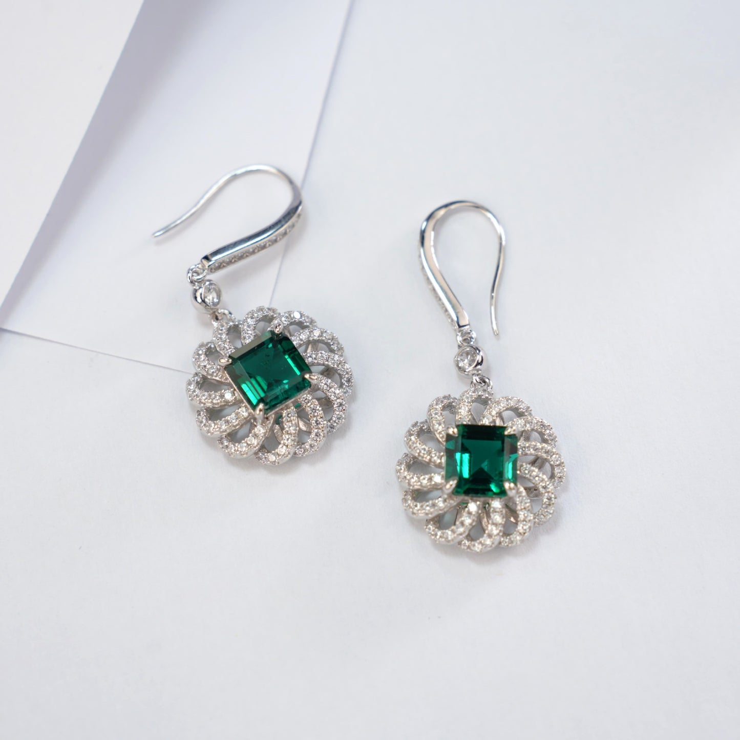 S925 Sterling Silver Lab Emerald Square Sunflower Halo Long Earrings, for Women - Photo 2