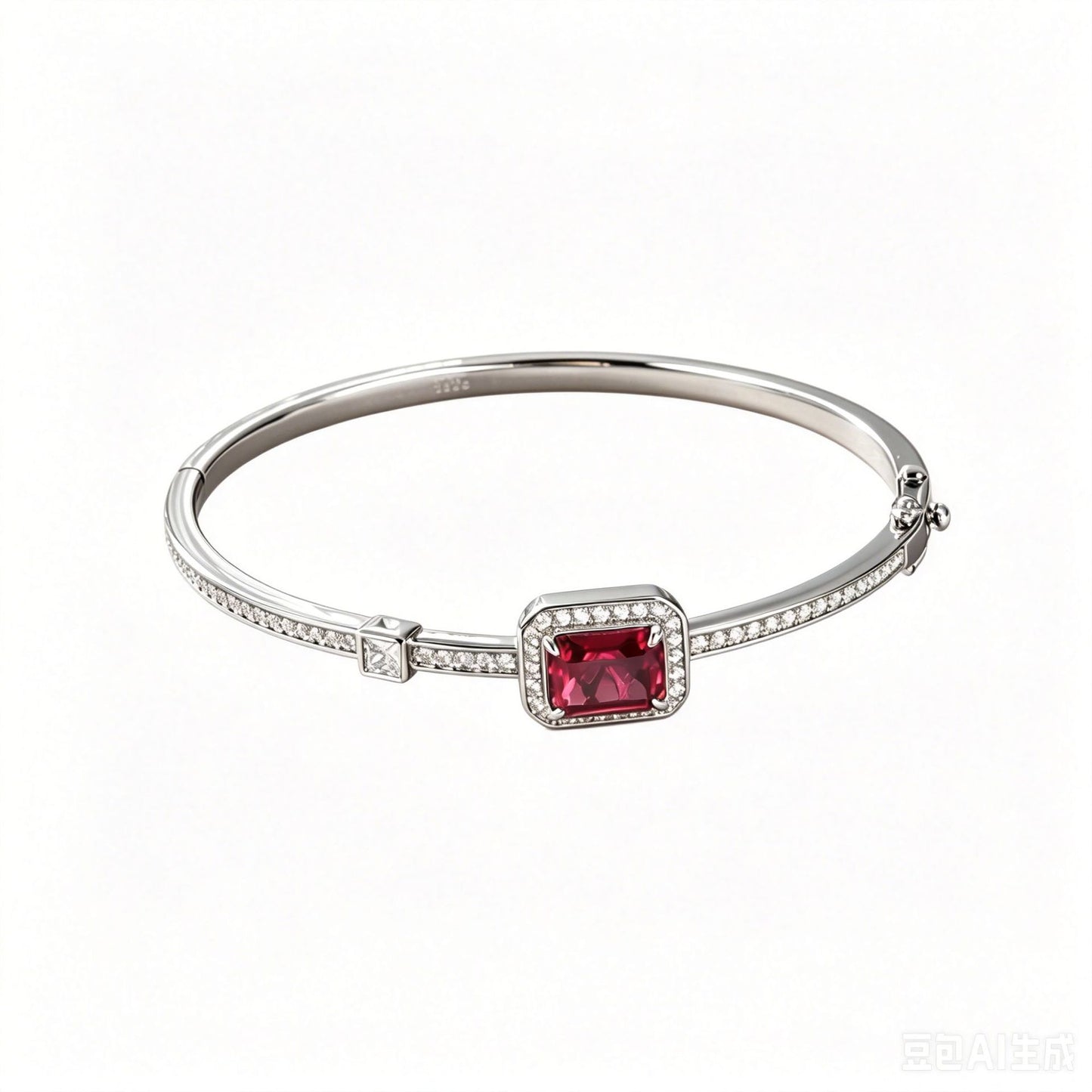 S925 Sterling Silver Lab Ruby Bangle, Square Simple Small - Photo 4