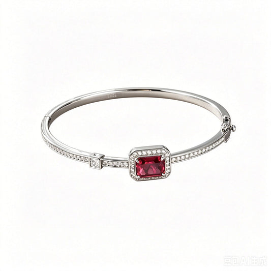 S925 Sterling Silver Lab Ruby Bangle, Square Simple Small - Photo 4