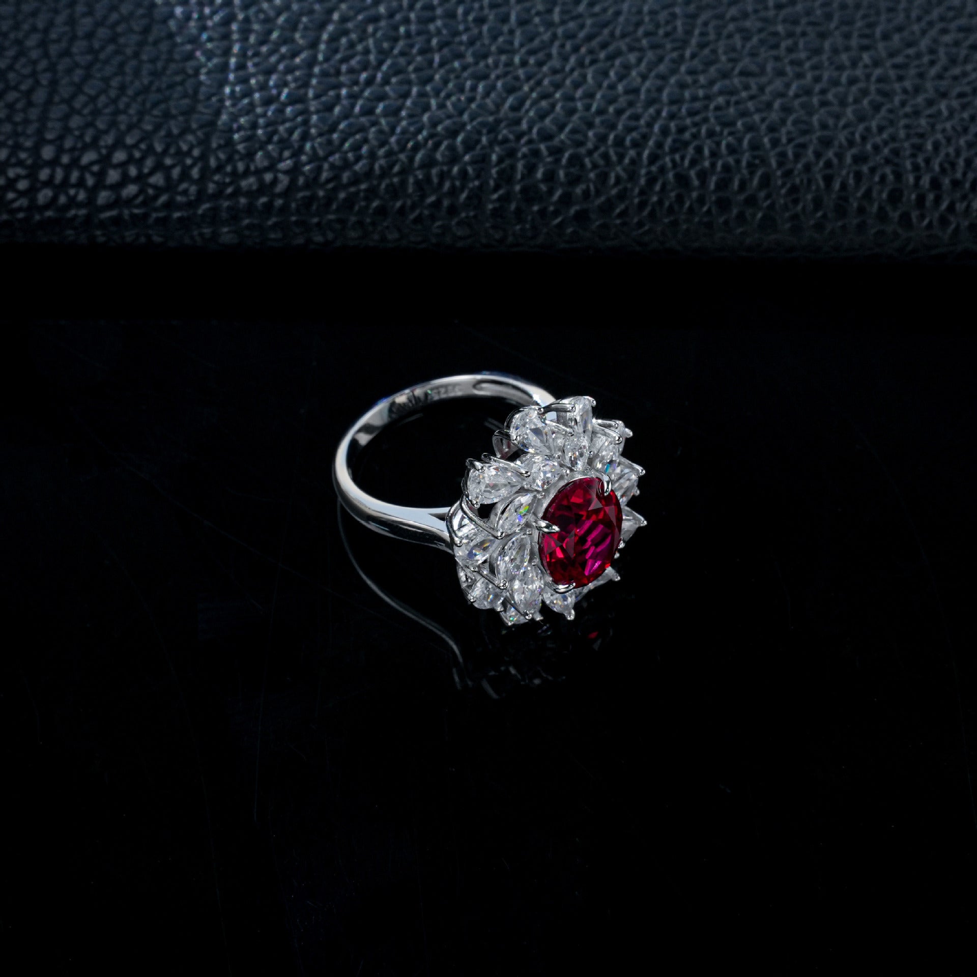 S925 Sterling Silver Oval Lab Ruby Sunflower Ring, Blooming Flower - Photo 3