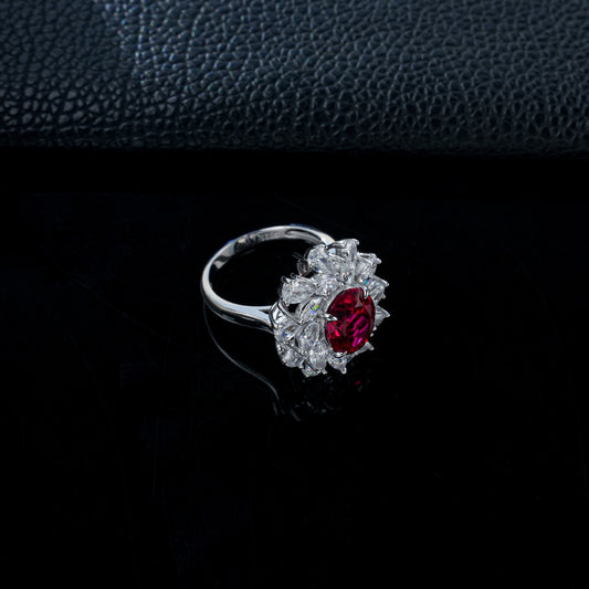 S925 Sterling Silver Oval Lab Ruby Sunflower Ring, Blooming Flower - Photo 3
