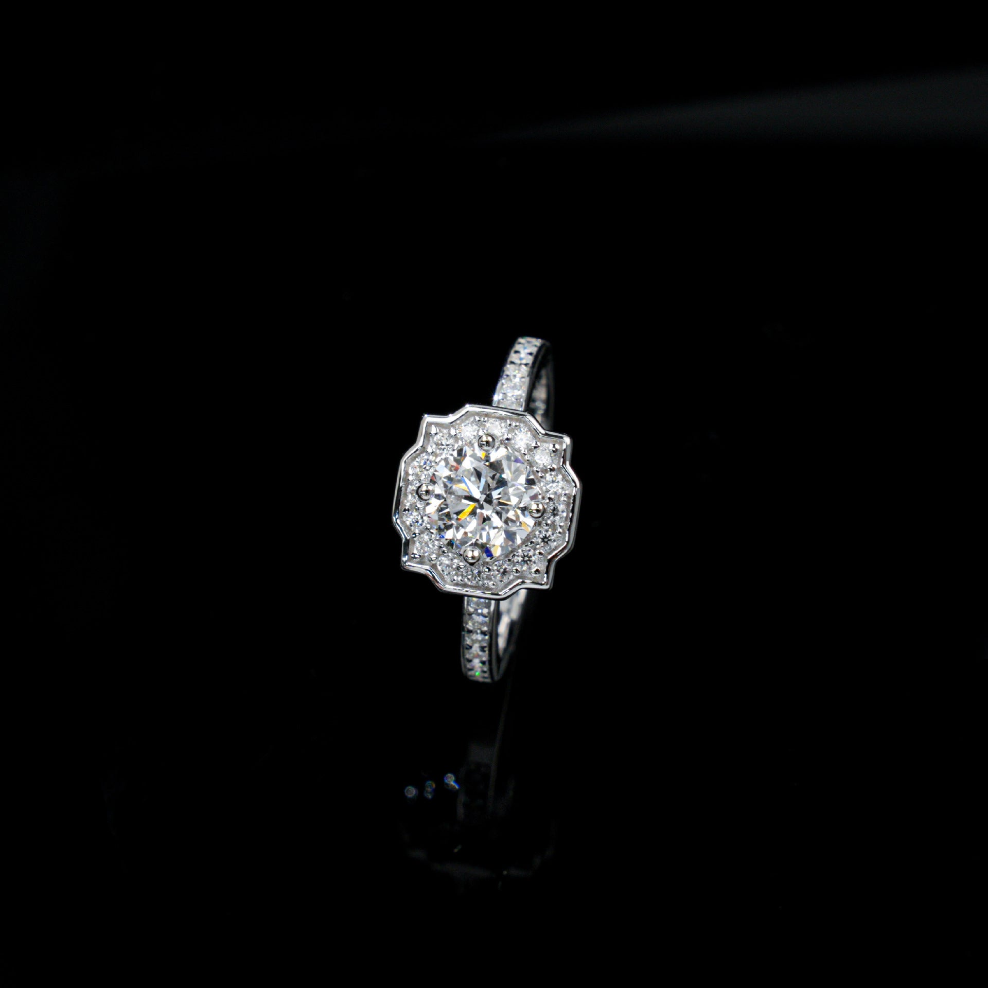 S925 Silver Lab Diamond Four-Point Star Scalloped Halo Ring, Full Diamond Proposal - Photo 2