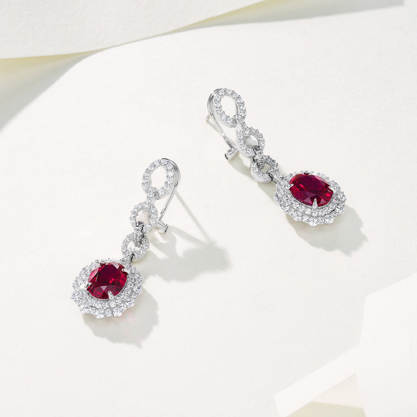 S925 Sterling Silver Lab Pigeon Blood Ruby Sunflower Halo Long Earrings, for Women - Photo 2