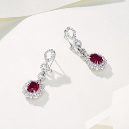 S925 Sterling Silver Lab Pigeon Blood Ruby Sunflower Halo Long Earrings, for Women - Photo 2