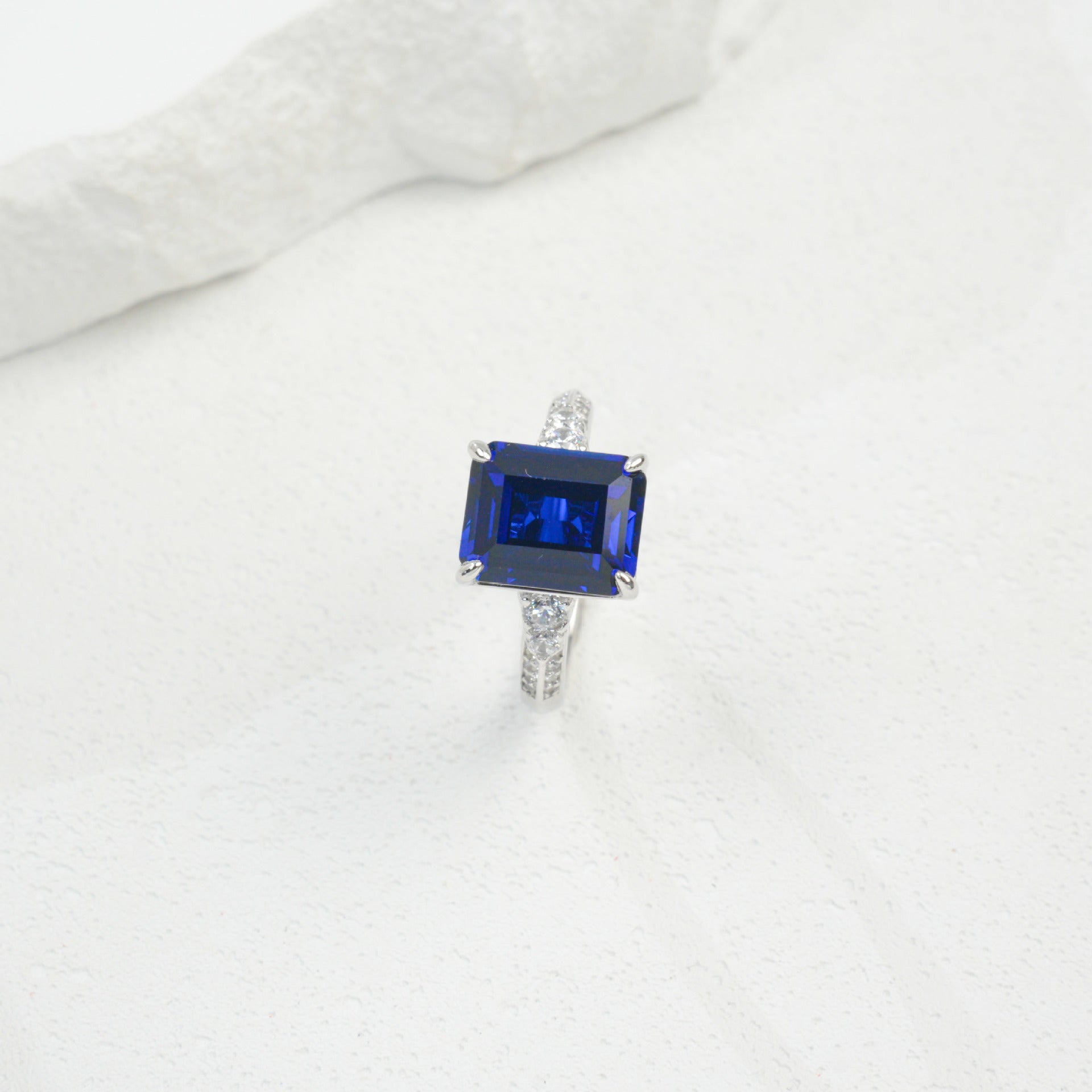 S925 Sterling Silver Lab Sapphire Ring 4-Claw Double-Side Full Diamond, Anniversary Versatile Elegant - Photo 3