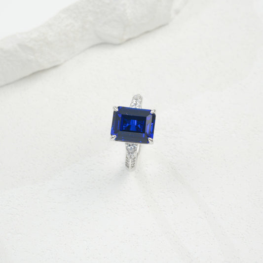 S925 Sterling Silver Lab Sapphire Ring 4-Claw Double-Side Full Diamond, Anniversary Versatile Elegant - Photo 3