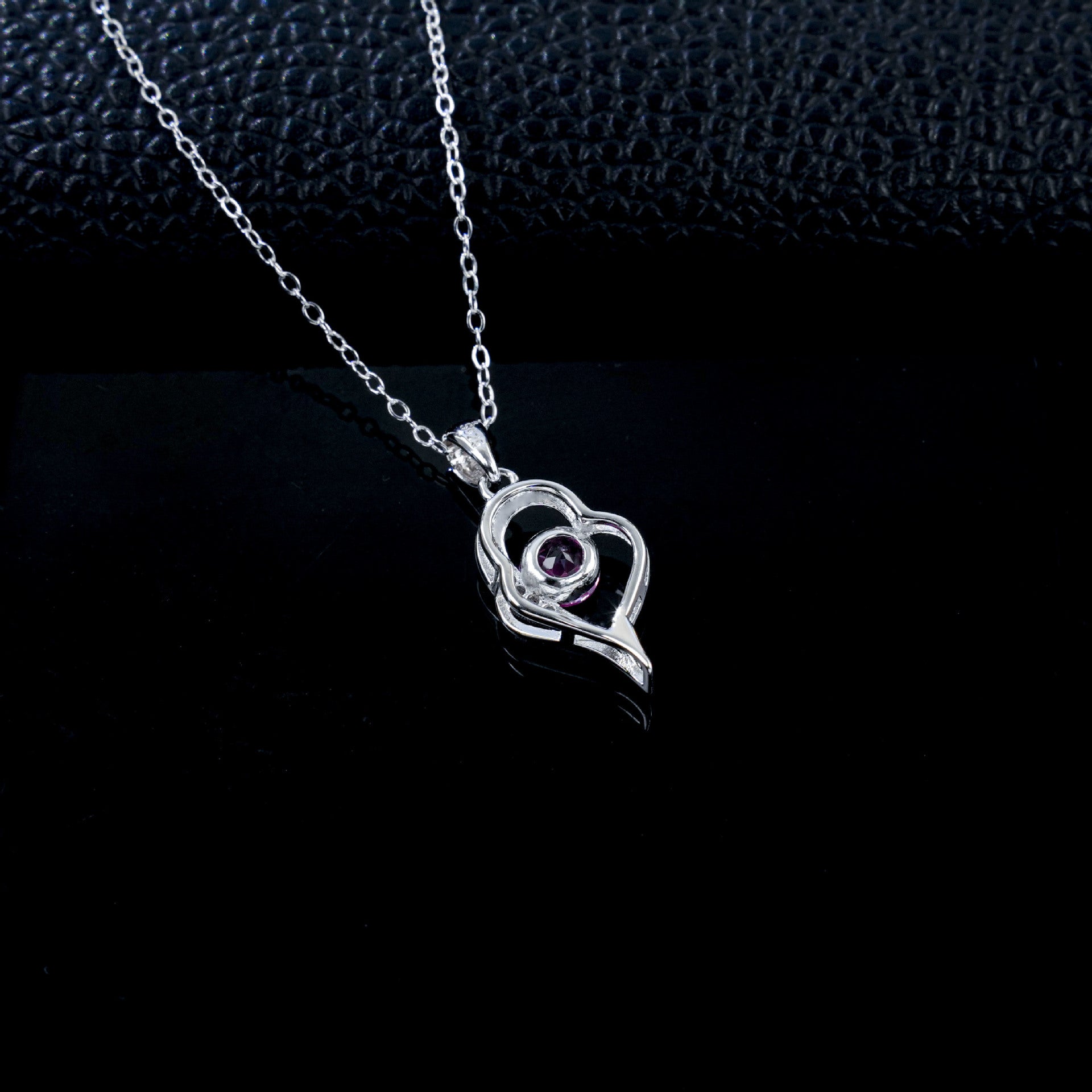 Heart Pink Gemstone Silver Necklace, Diamond Heart Pendant - Photo 3