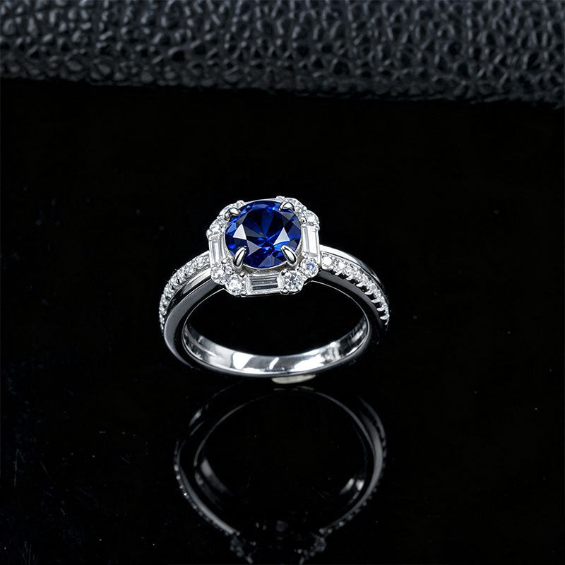 S925 Silver Lab Sapphire Ring Octagonal Step Halo Double-Side Full Diamond, Women's Engagement - Photo 3