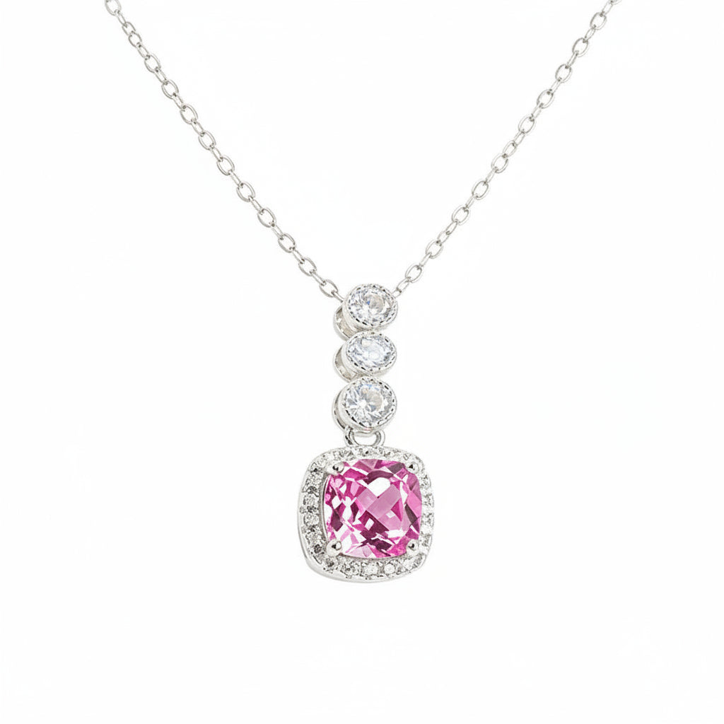 S925 Sterling Silver Lab Padparadscha Pave Step-Cut Pendant Necklace, for Women - Photo 1