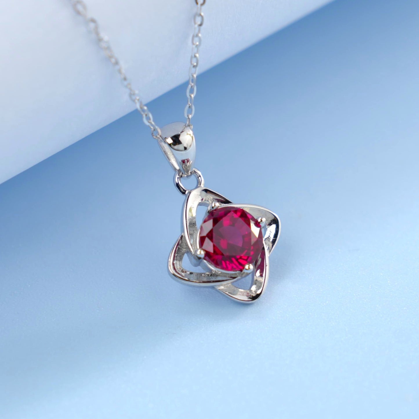 S925 Sterling Silver Lab Ruby Four-Leaf Clover Necklace, Birthday Girlfriend Gift - Photo 2