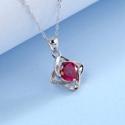 S925 Sterling Silver Lab Ruby Four-Leaf Clover Necklace, Birthday Girlfriend Gift - Photo 2
