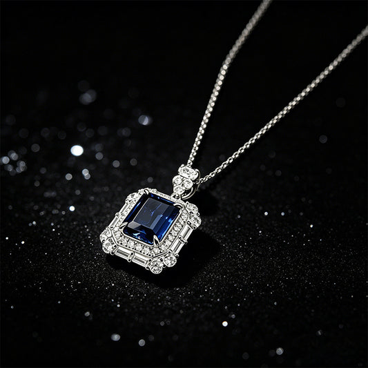 925 Sterling Silver Lab Sapphire Square Double-Pave Pendant Choker, Vintage Palace - Photo 3