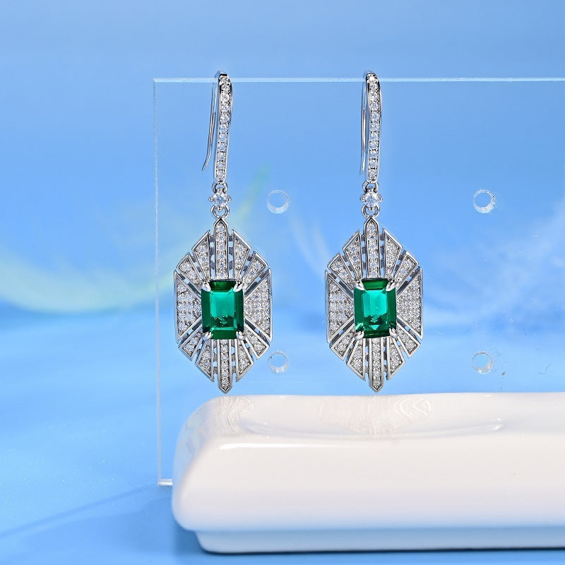 S925 Sterling Silver Vintage Emerald Drop Earrings, Geometric Earrings Premium - Photo 3