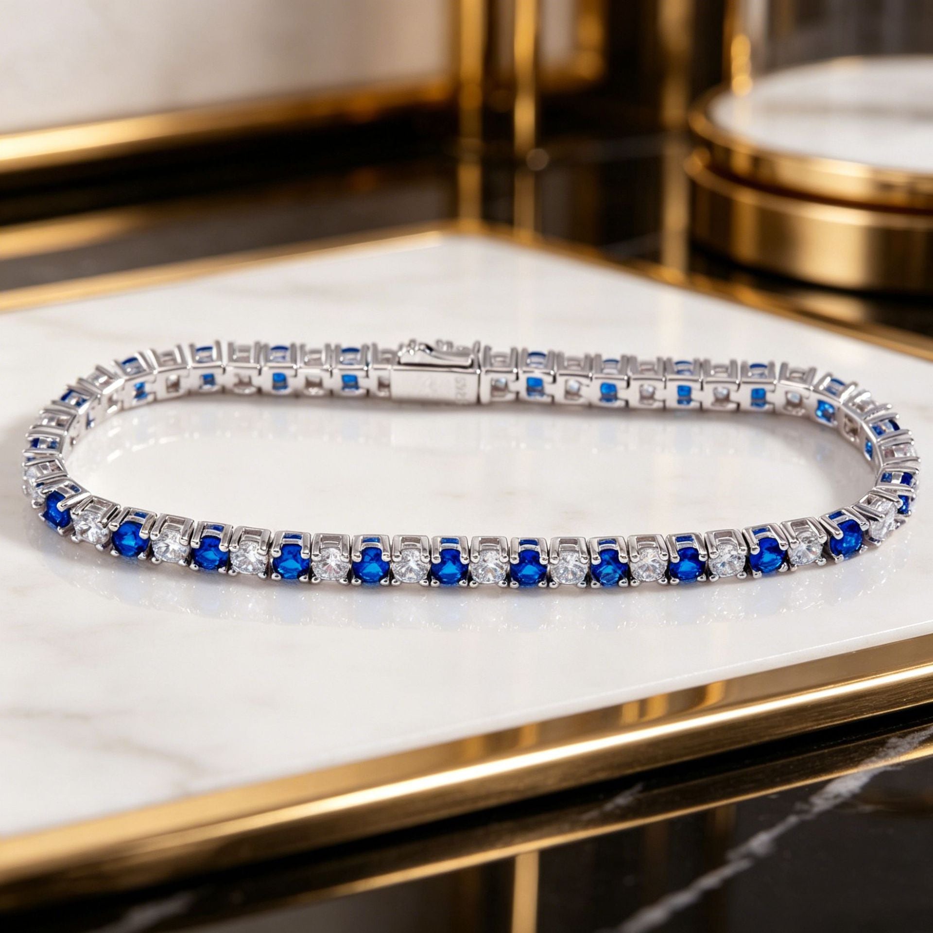 S925 Sterling Silver Lab Sapphire Pave Adjustable Tennis Bracelet, for Women - Photo 4