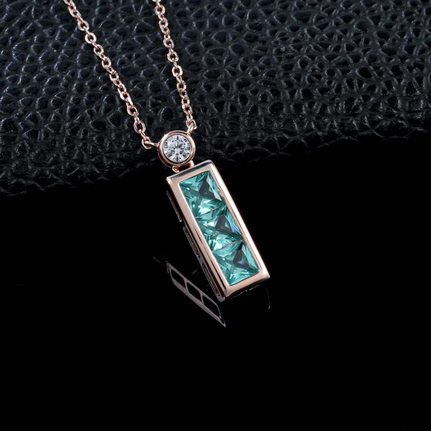 S925 Silver Rose Gold Step-Cut Lab Paraiba Tsavorite Pendant, Single Diamond Accent - Photo 2