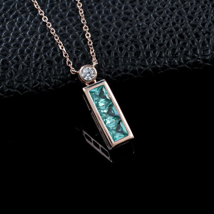S925 Silver Rose Gold Step-Cut Lab Paraiba Tsavorite Pendant, Single Diamond Accent - Photo 2