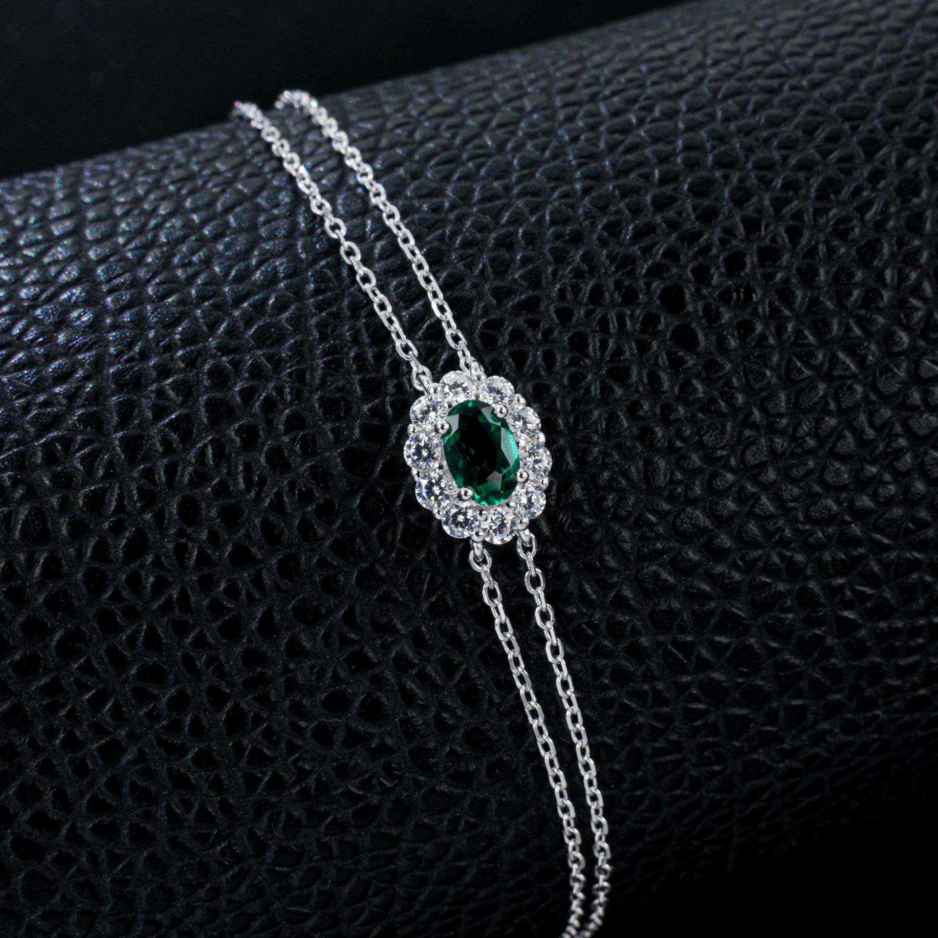 S925 Silver Double-Layer Slim Chain Oval Lab Emerald Single-Halo Diana, Simple Bracelet - Photo 2