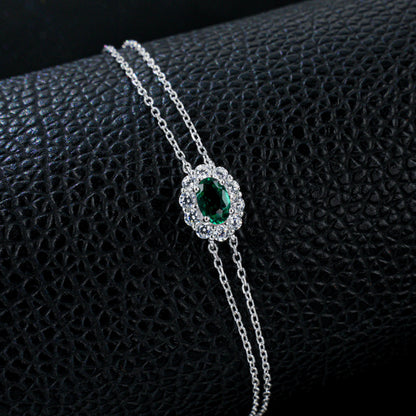 S925 Silver Double-Layer Slim Chain Oval Lab Emerald Single-Halo Diana, Simple Bracelet - Photo 2