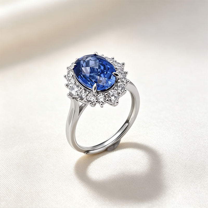 S925 Silver Oval Lab Sapphire Ring, Halo Diamond Engagement - Photo 2