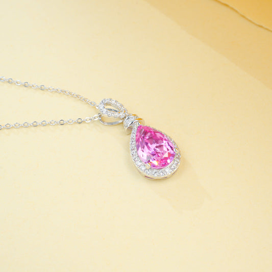 S925 Sterling Silver Lab Padparadscha Teardrop Halo Necklace, Date Premium for Women - Photo 3