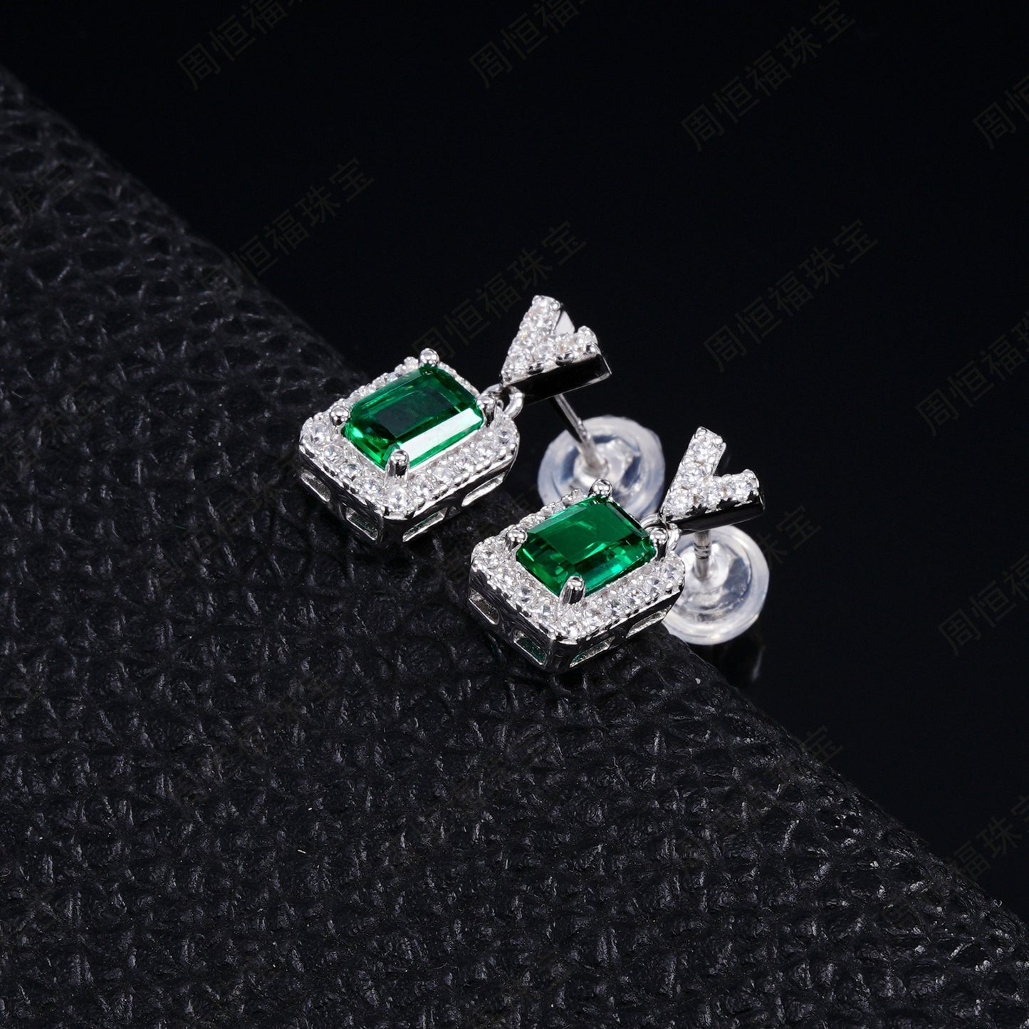 Lab Emerald S925 Silver Stud Earrings, Vintage Premium Princess - Photo 3