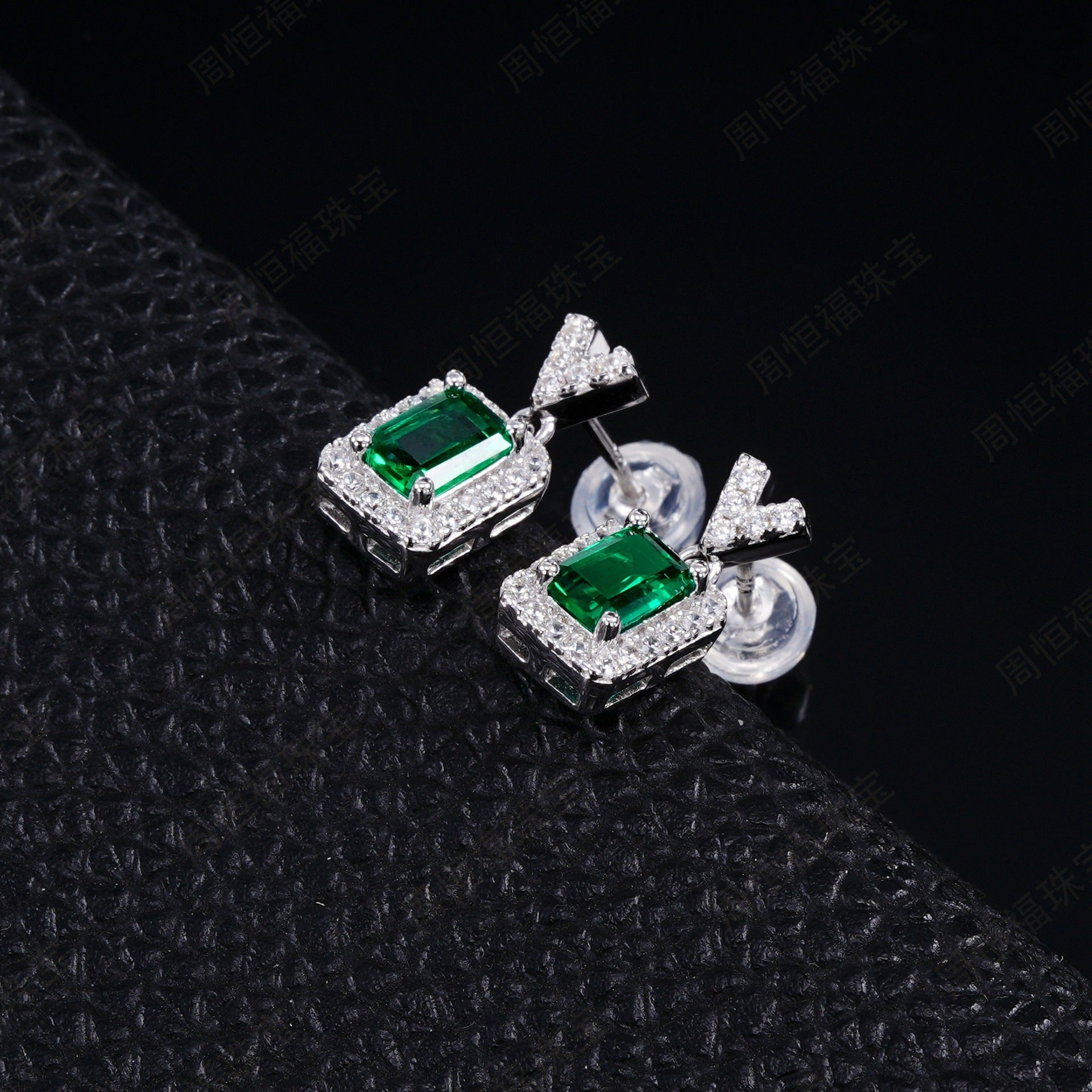 Lab Emerald S925 Silver Stud Earrings, Vintage Premium Princess - Photo 3