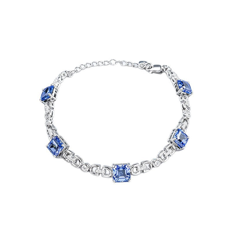 S925 Silver Square Cornflower Sapphire Bracelet, Geometric Chain Jewellery - Photo 5