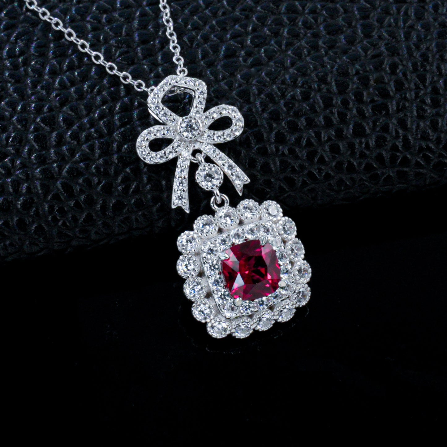 Lab Ruby Sugarloaf Pendant S925 Rhodium-Plated Bow, Choker Necklace - Photo 1