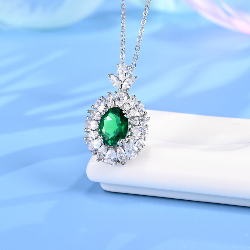 S925 Sterling Silver Oval Emerald Pendant Necklace Halo, Versatile Premium - Photo 4