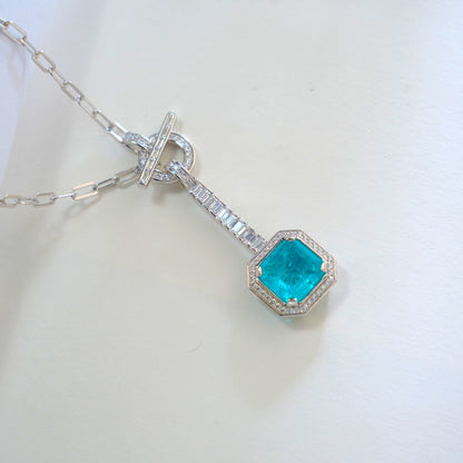 S925 Sterling Silver Paraiba Square Gemstone Pave Halo Pendant Necklace, Premium Versatile for Women - Photo 4
