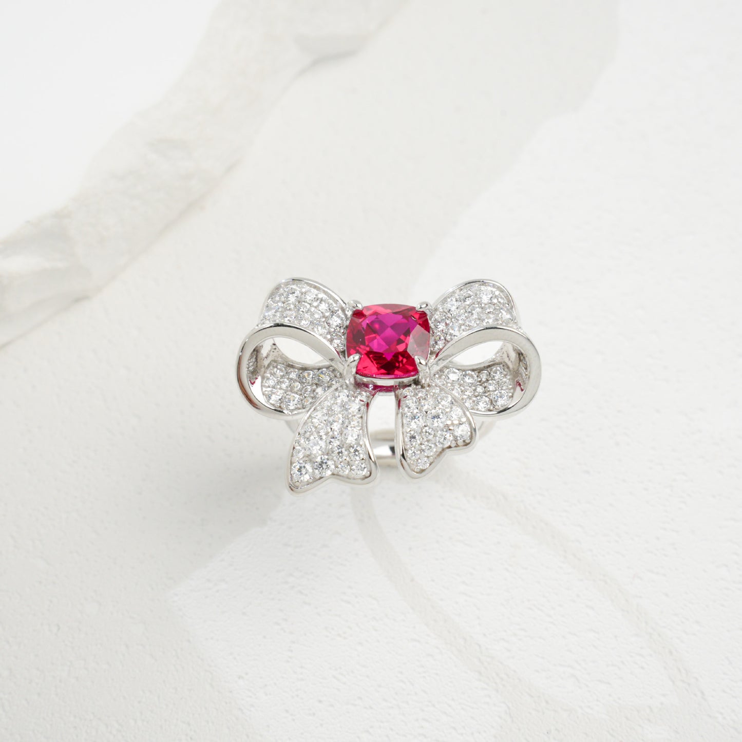S925 Silver Full Diamond Bow Ruby Ring Adjustable, Design - Photo 3