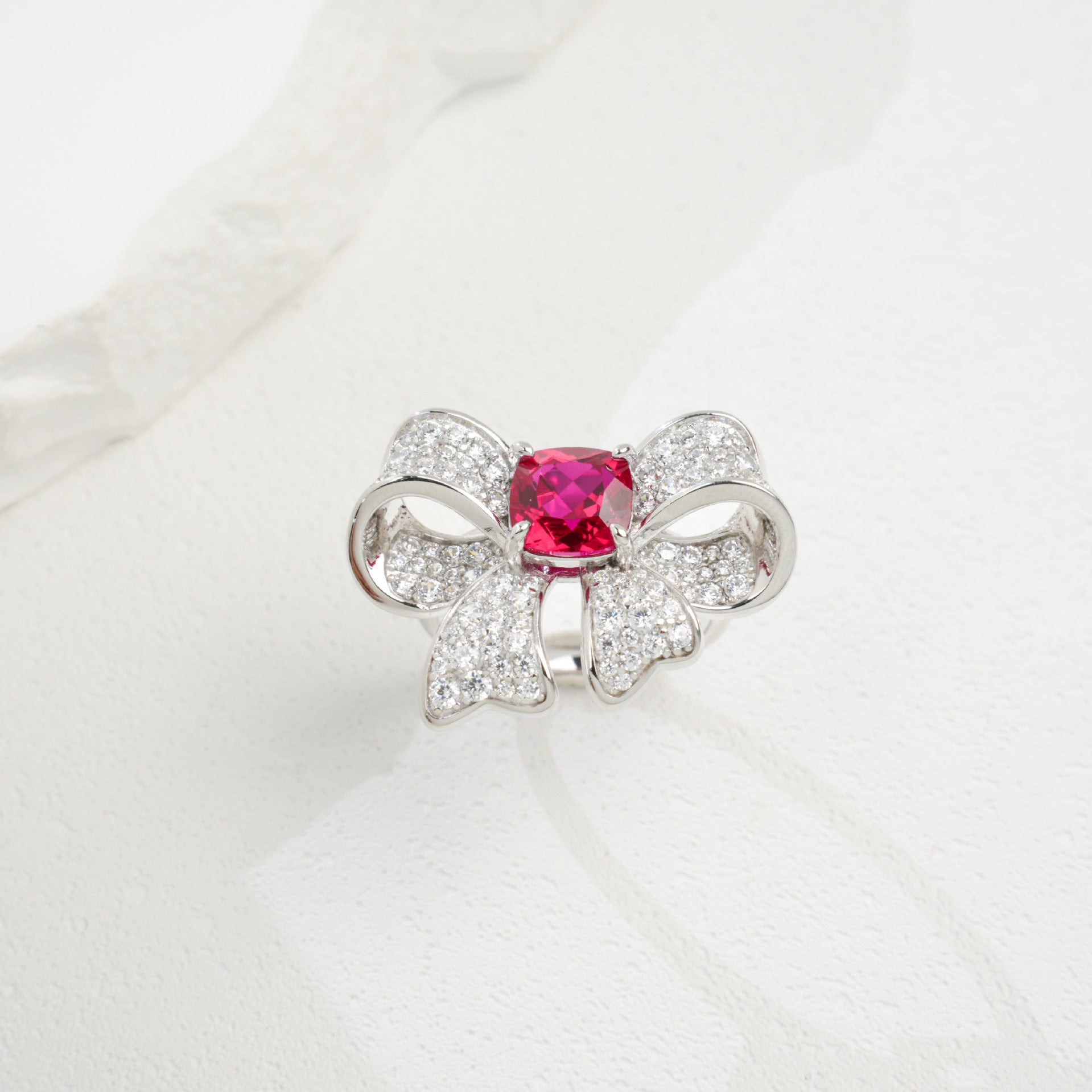 S925 Silver Full Diamond Bow Ruby Ring Adjustable, Design - Photo 3