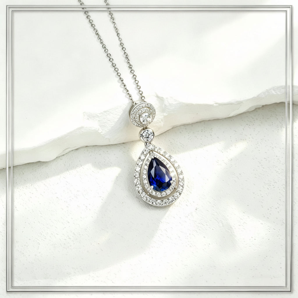 S925 Sterling Silver Lab Sapphire Teardrop Necklace for Women - Photo 1