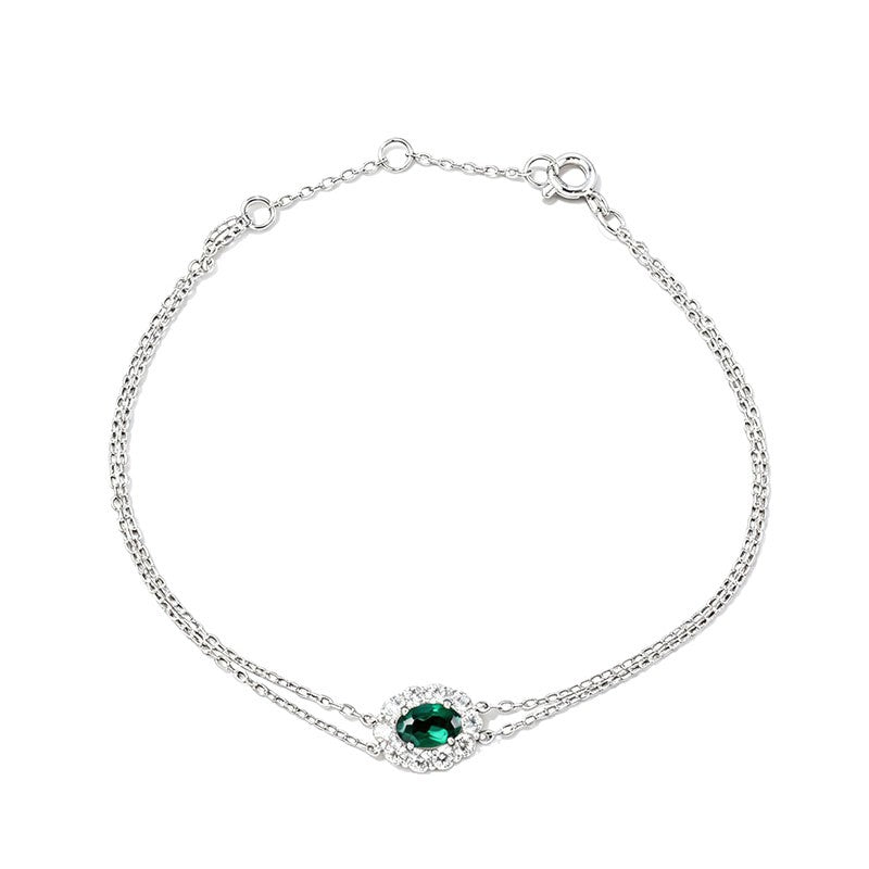 S925 Silver Double-Layer Slim Chain Oval Lab Emerald Single-Halo Diana, Simple Bracelet - Photo 5
