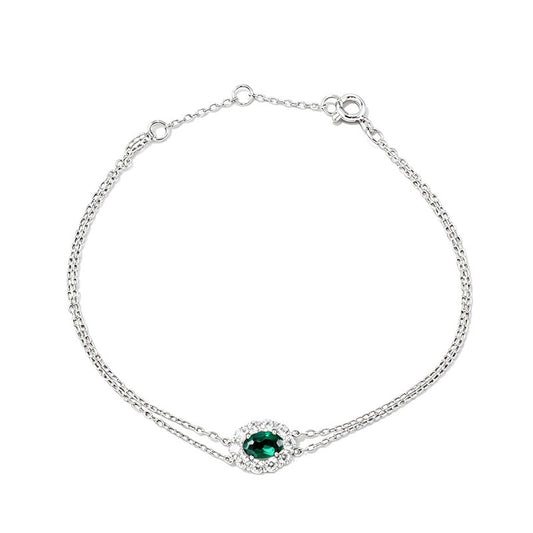 S925 Silver Double-Layer Slim Chain Oval Lab Emerald Single-Halo Diana, Simple Bracelet - Photo 5