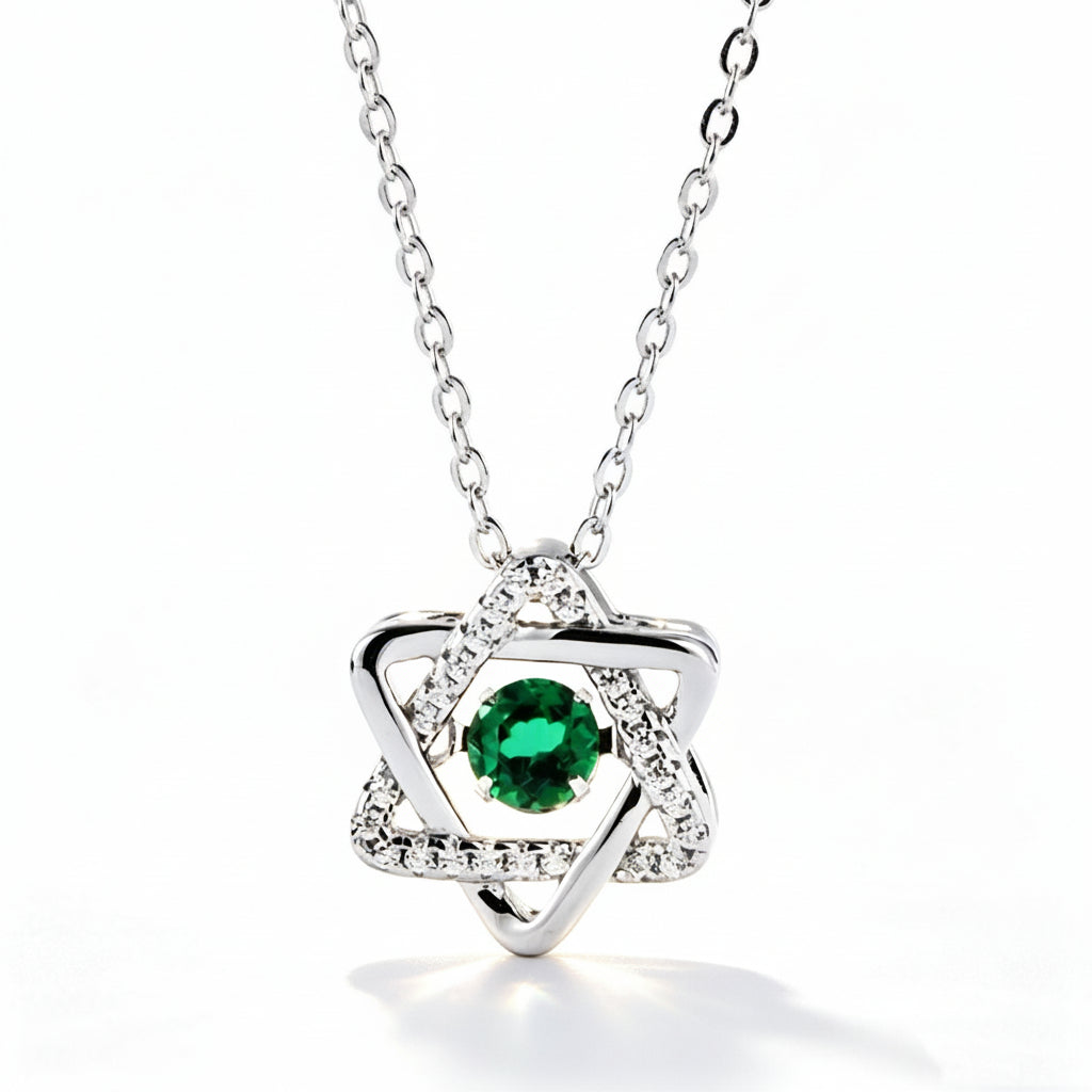 S925 Silver Interwoven Hexagram Emerald Necklace, Hollow Vintage Simple - Photo 1