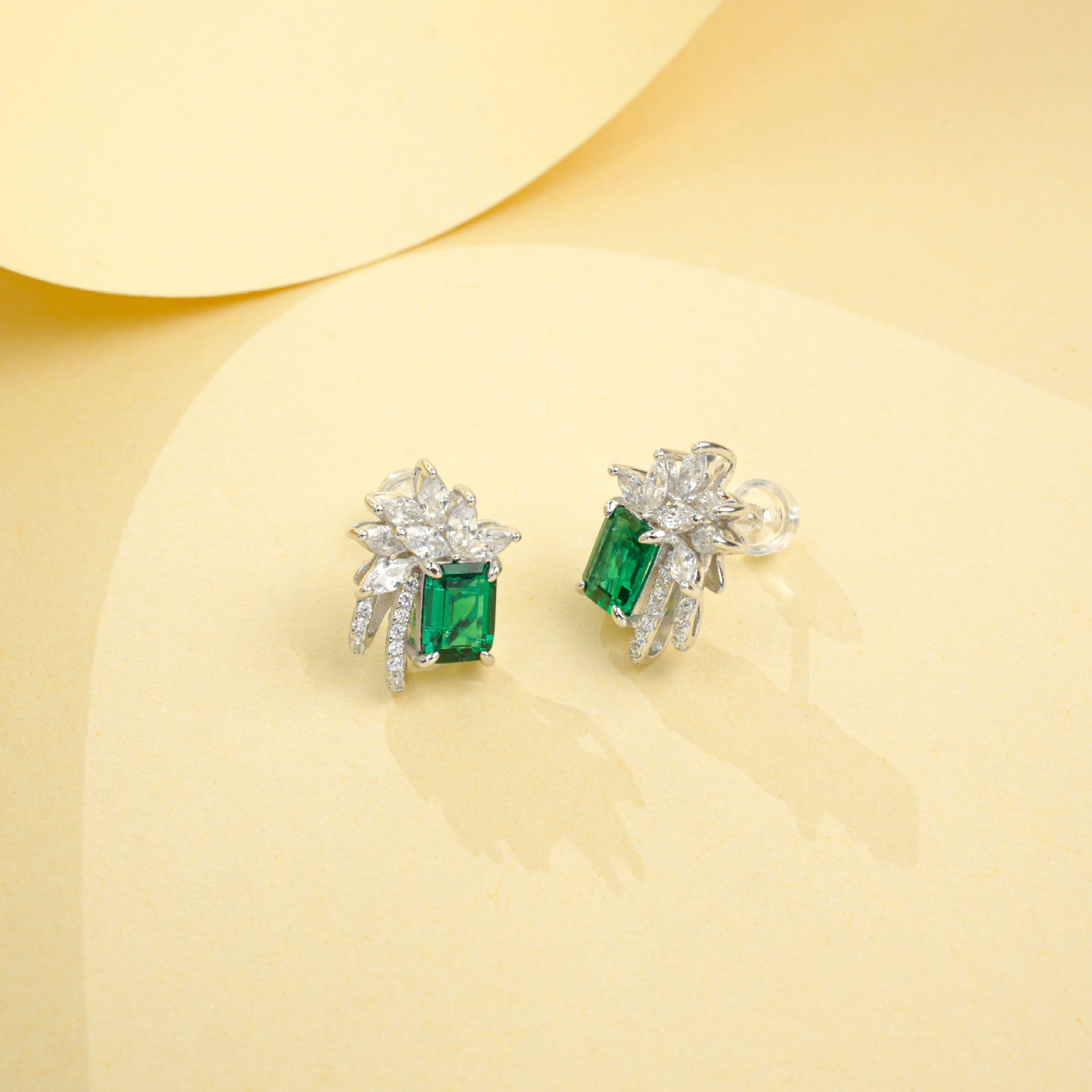925 Sterling Silver Lab Emerald Square Stud Earrings, Princess Premium Vintage - Photo 4