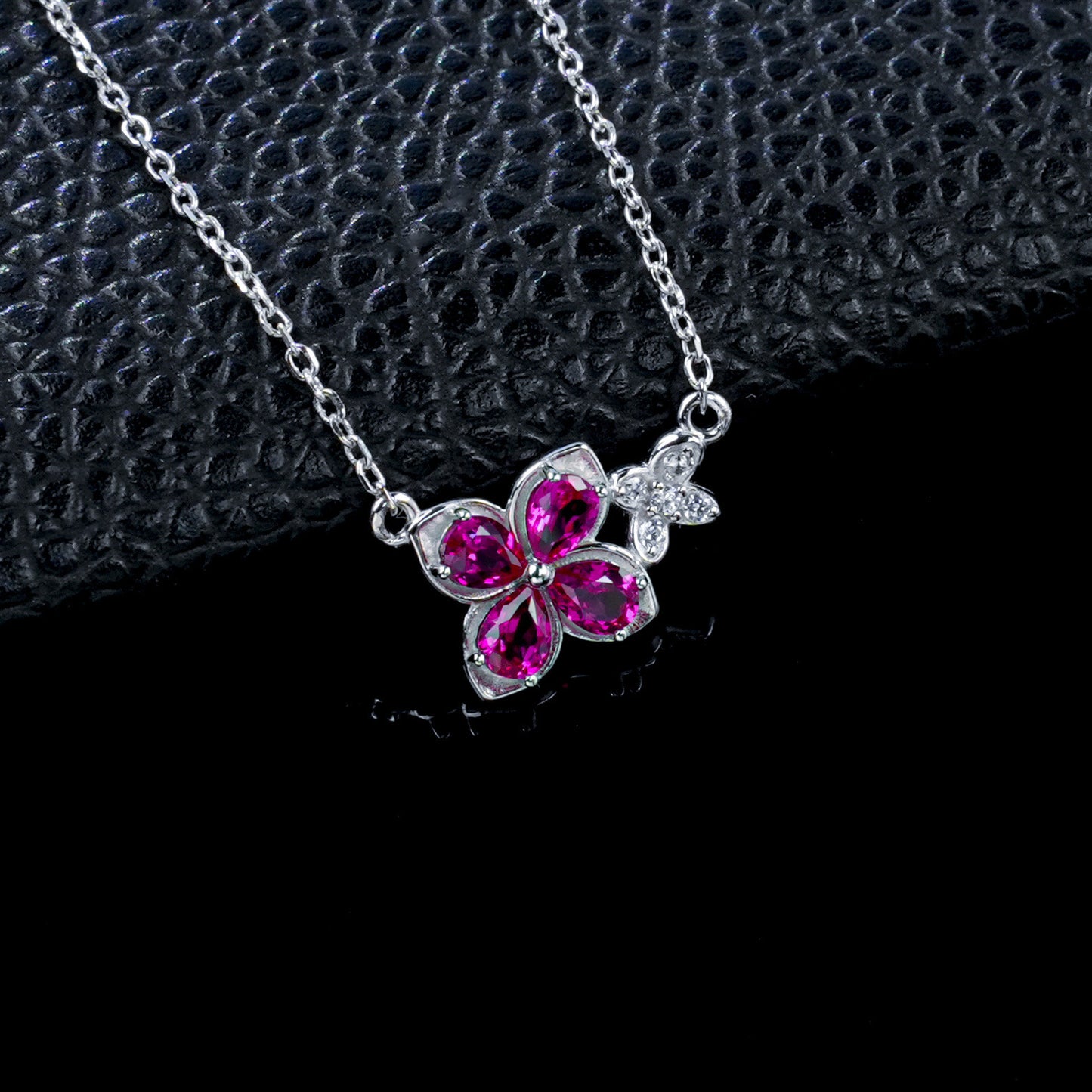 S925 Silver Ruby Four-Petal Flower Butterfly Pendant, Small Butterfly Simple - Photo 2