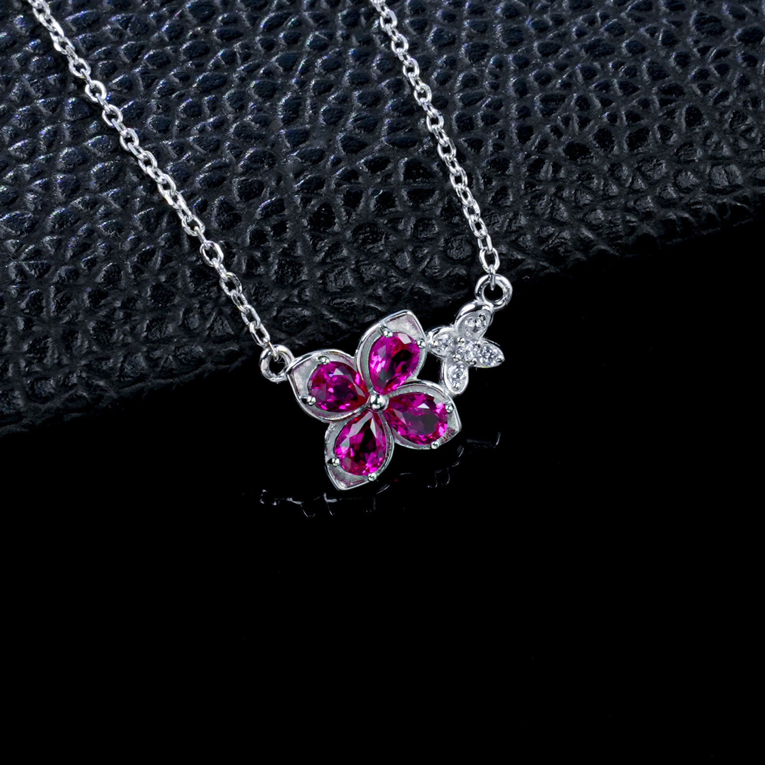 S925 Silver Ruby Four-Petal Flower Butterfly Pendant, Small Butterfly Simple - Photo 2