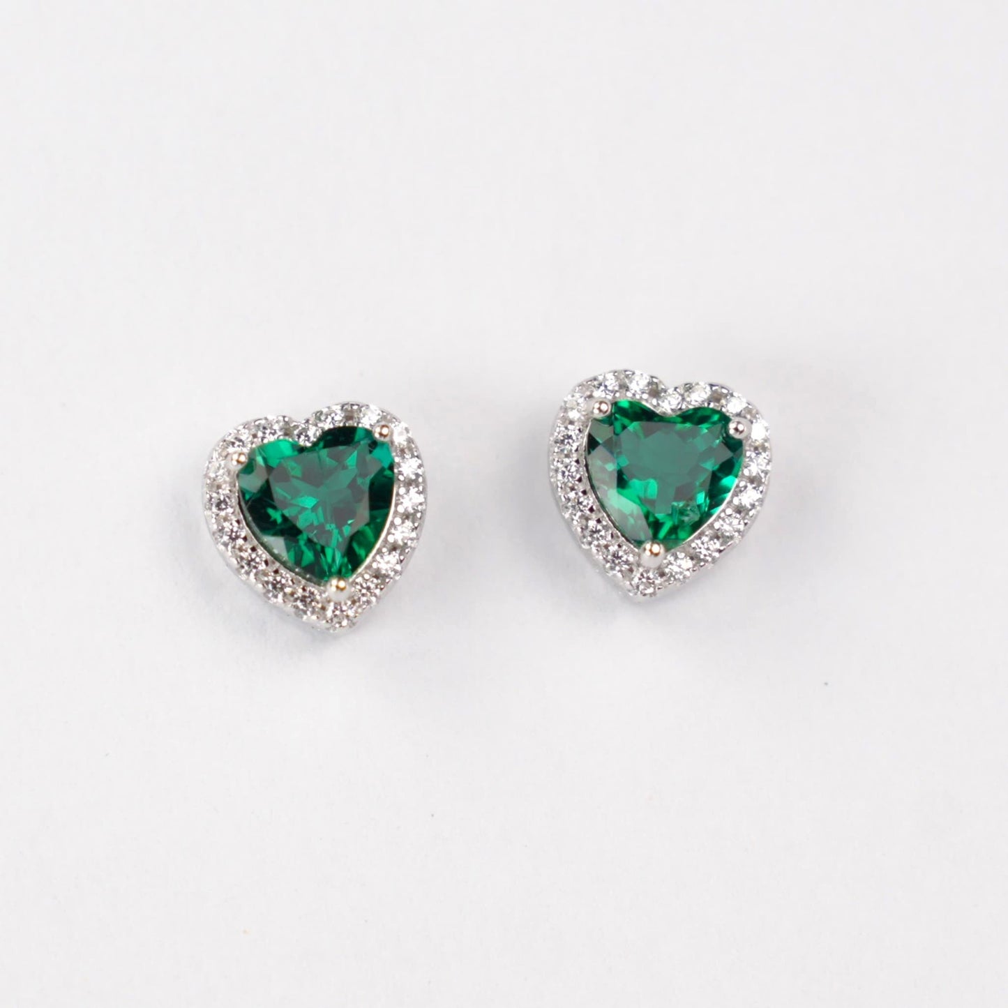 S925 Sterling Silver Lab Emerald Stud Earrings, Heart Diamond Vintage - Photo 2