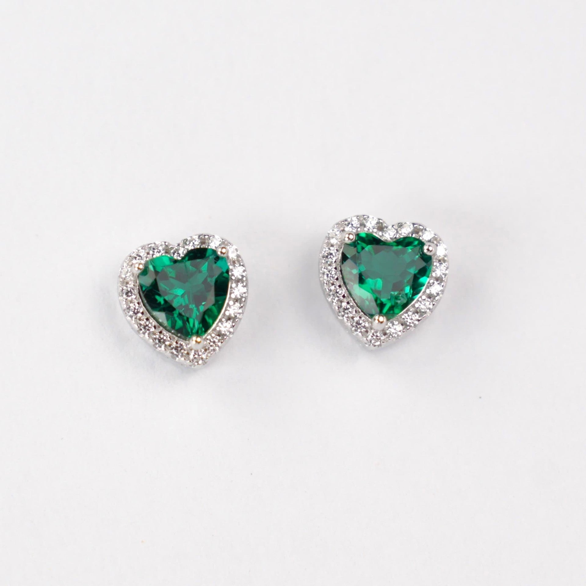 S925 Sterling Silver Lab Emerald Stud Earrings, Heart Diamond Vintage - Photo 2