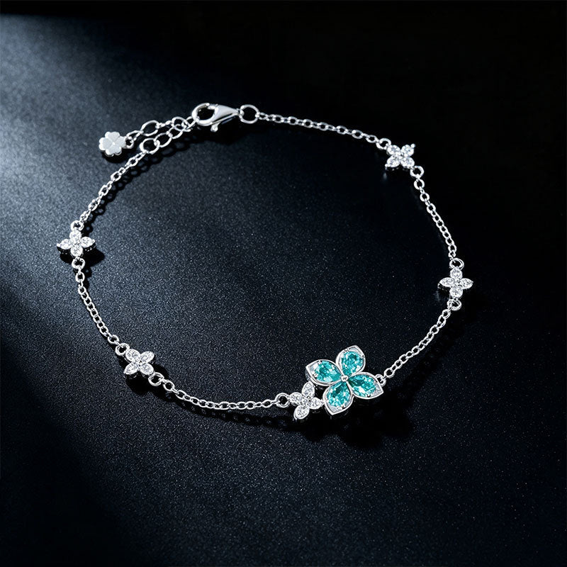 S925 Silver Four-Leaf Clover Paraiba Tsavorite Bracelet, Full Diamond Flower - Photo 2