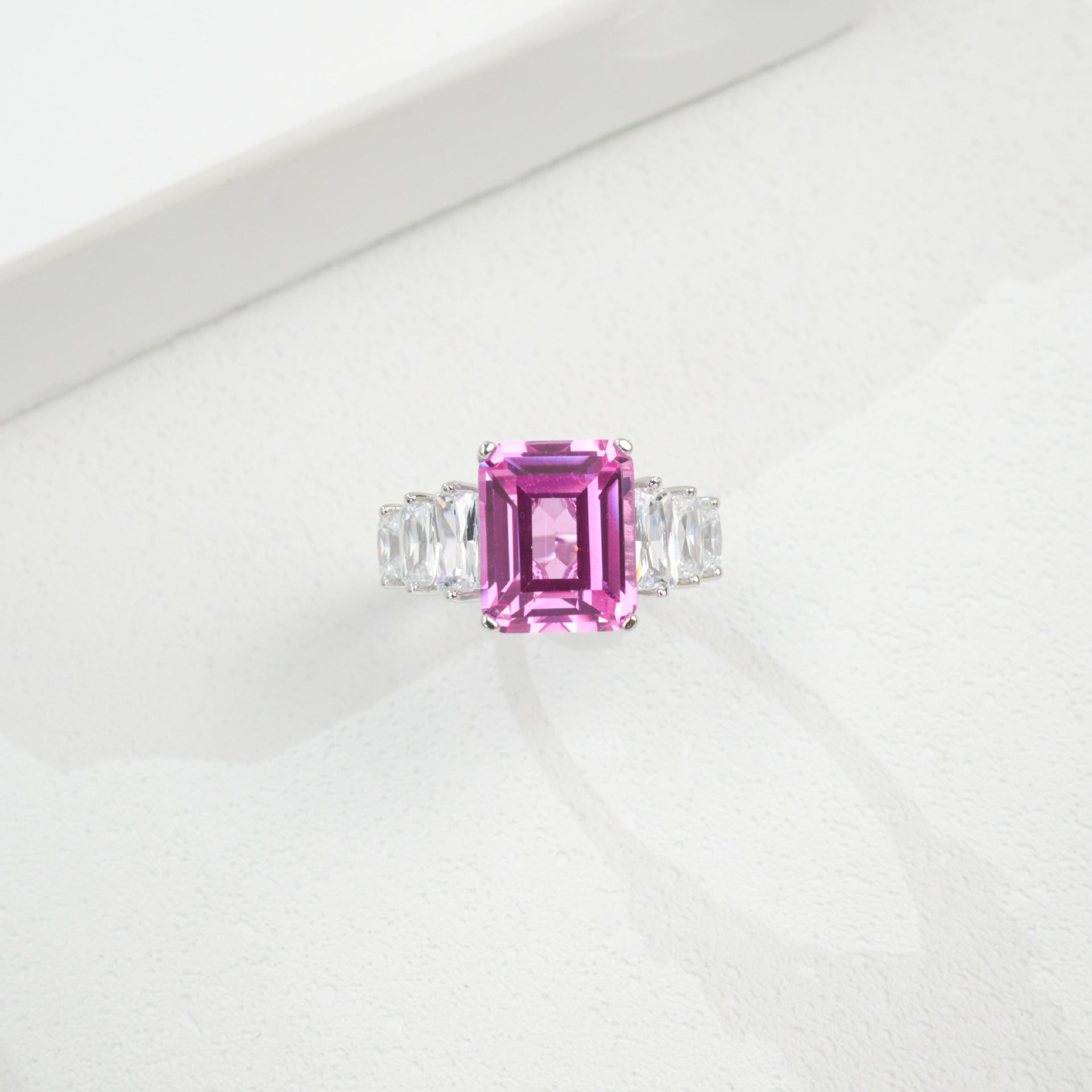 S925 Sterling Silver Lab Padparadscha Emerald-Cut Ring, Versatile - Photo 3