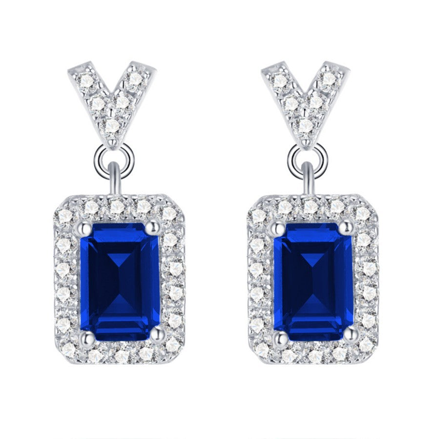 925 Sterling Silver Lab Sapphire Geometric Earrings & Necklace, Vintage Minimalist - Photo 2