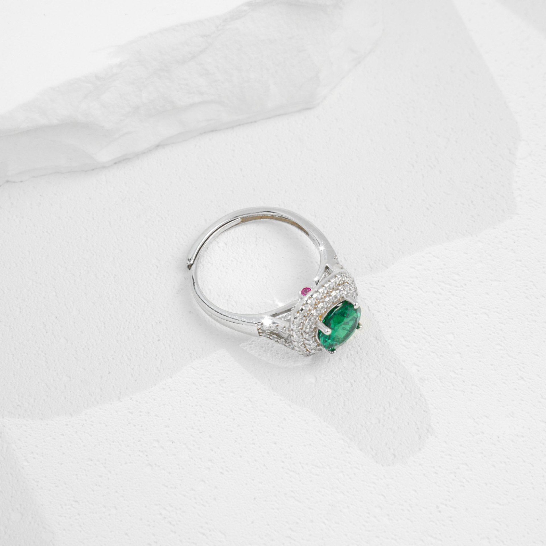 S925 Sterling Silver Lab Emerald Ring Double-Layer Full Diamond Halo Adjustable, Gift - Photo 4